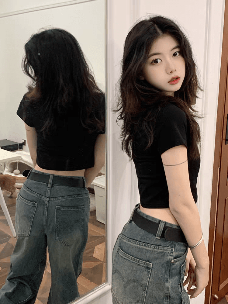 아메리칸 레트로 핫걸 아메리칸 프린트 쇼트 스타일 티셔츠 여성 여름 반팔 작은 키 맨위 이슬 뼈의 상세 이미지 2