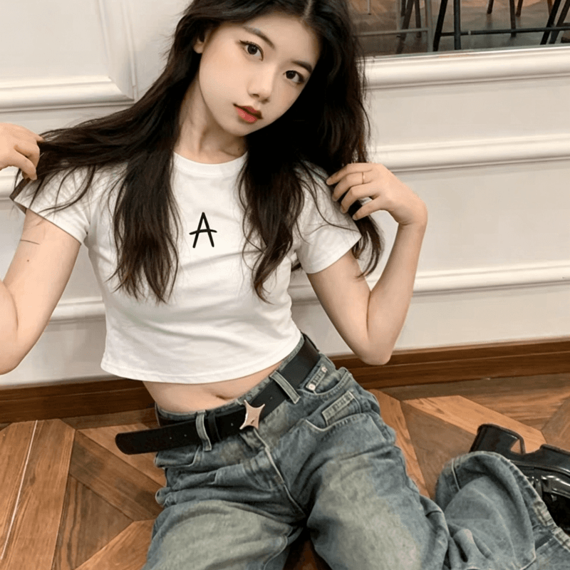 아메리칸 레트로 핫걸 아메리칸 프린트 쇼트 스타일 티셔츠 여성 여름 반팔 작은 키 맨위 이슬 뼈의 상세 이미지 4