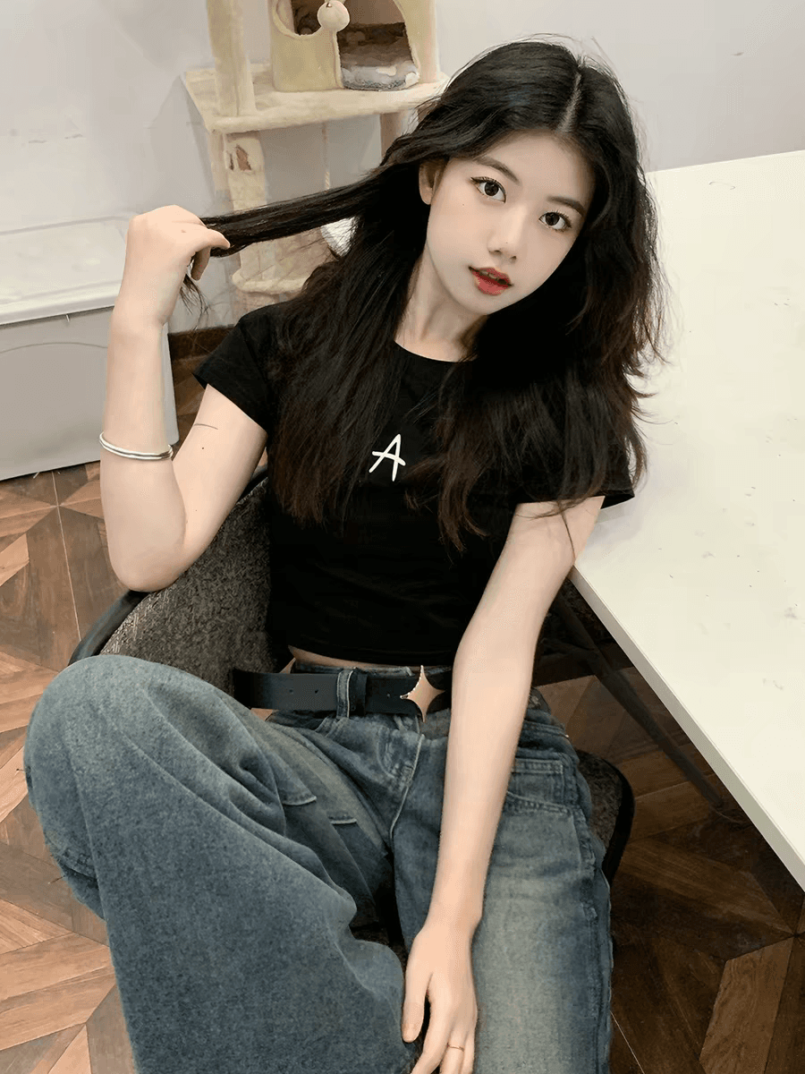 아메리칸 레트로 핫걸 아메리칸 프린트 쇼트 스타일 티셔츠 여성 여름 반팔 작은 키 맨위 이슬 뼈의 상세 이미지 5
