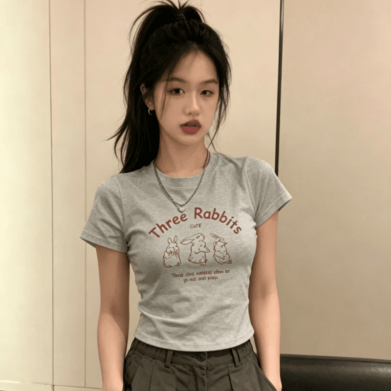 아메리칸 레트로 핫걸 아메리칸 프린트 쇼트 스타일 티셔츠 여성 여름 반팔 작은 키 맨위 이슬 뼈의 이미지 3