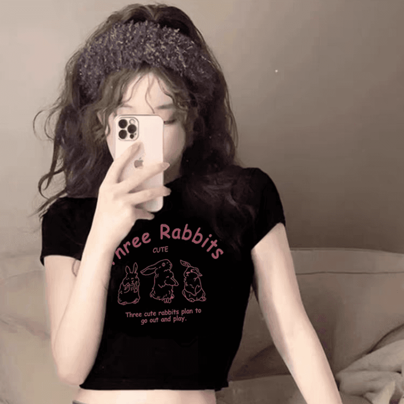 아메리칸 레트로 핫걸 아메리칸 프린트 쇼트 스타일 티셔츠 여성 여름 반팔 작은 키 맨위 이슬 뼈의 상세 이미지 7