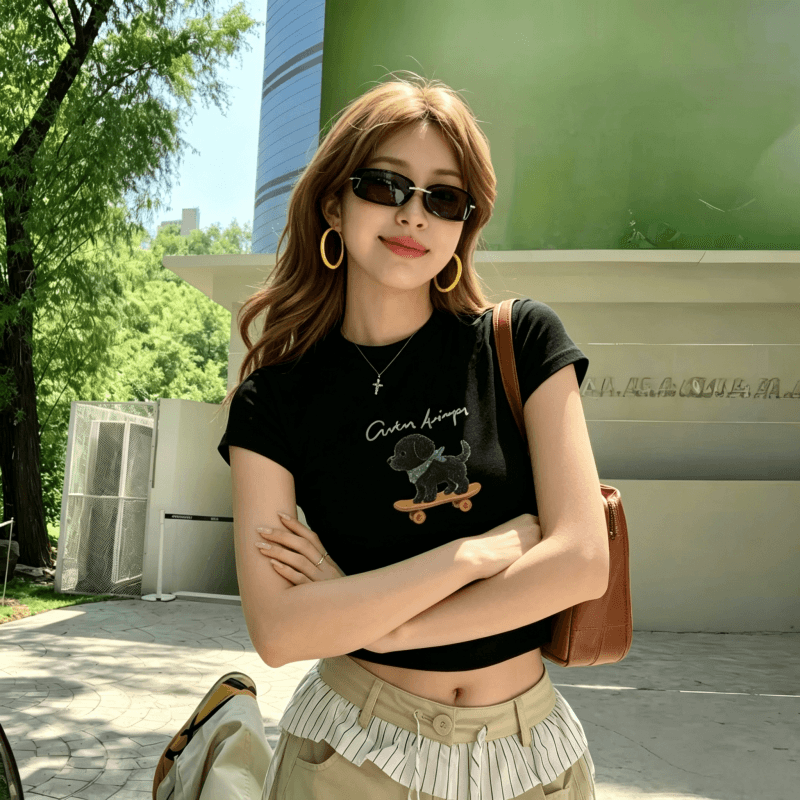 아메리칸 레트로 핫걸 아메리칸 프린트 쇼트 스타일 티셔츠 여성 여름 반팔 작은 키 맨위 이슬 뼈의 이미지 5