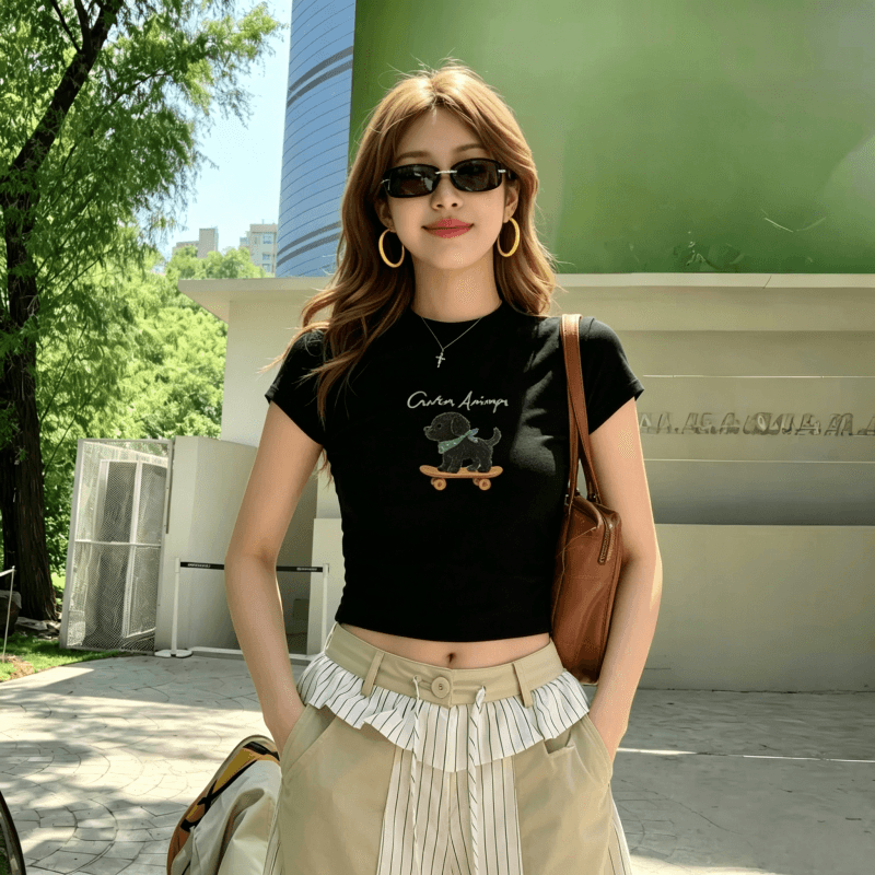 아메리칸 레트로 핫걸 아메리칸 프린트 쇼트 스타일 티셔츠 여성 여름 반팔 작은 키 맨위 이슬 뼈의 상세 이미지 4