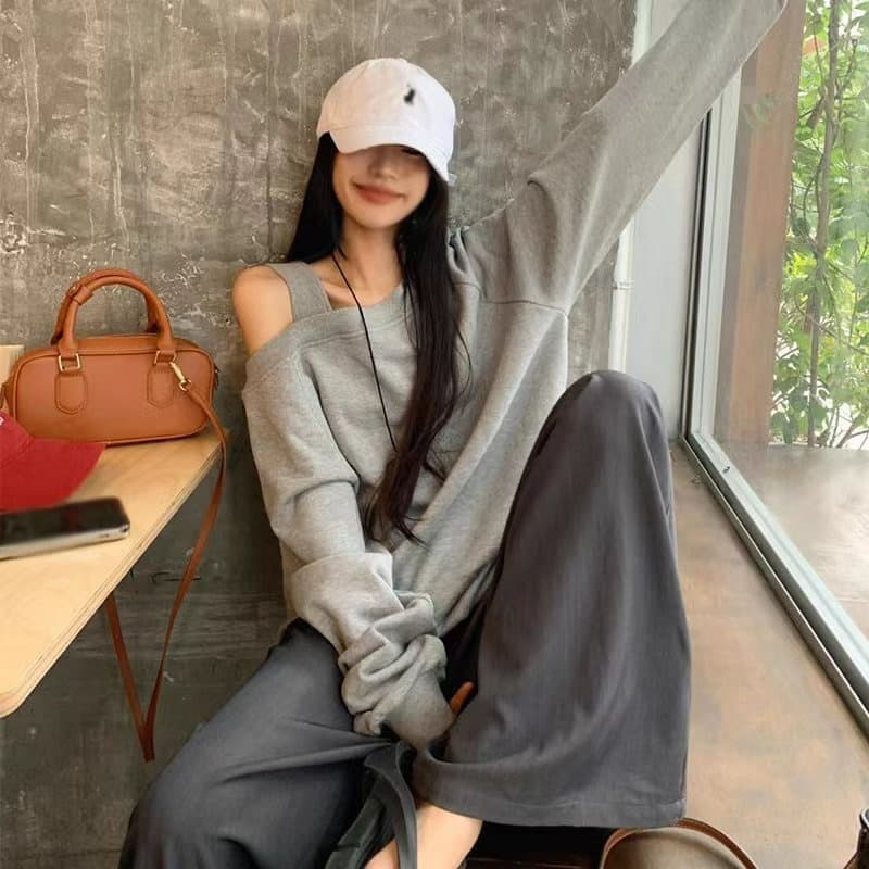 2026 한국 새로운 후아 면 복합 단색 느긋한 바람 오프숄더 긴팔 슬림해 보이는 Chic 비스듬한 어깨 의류 이미지 4