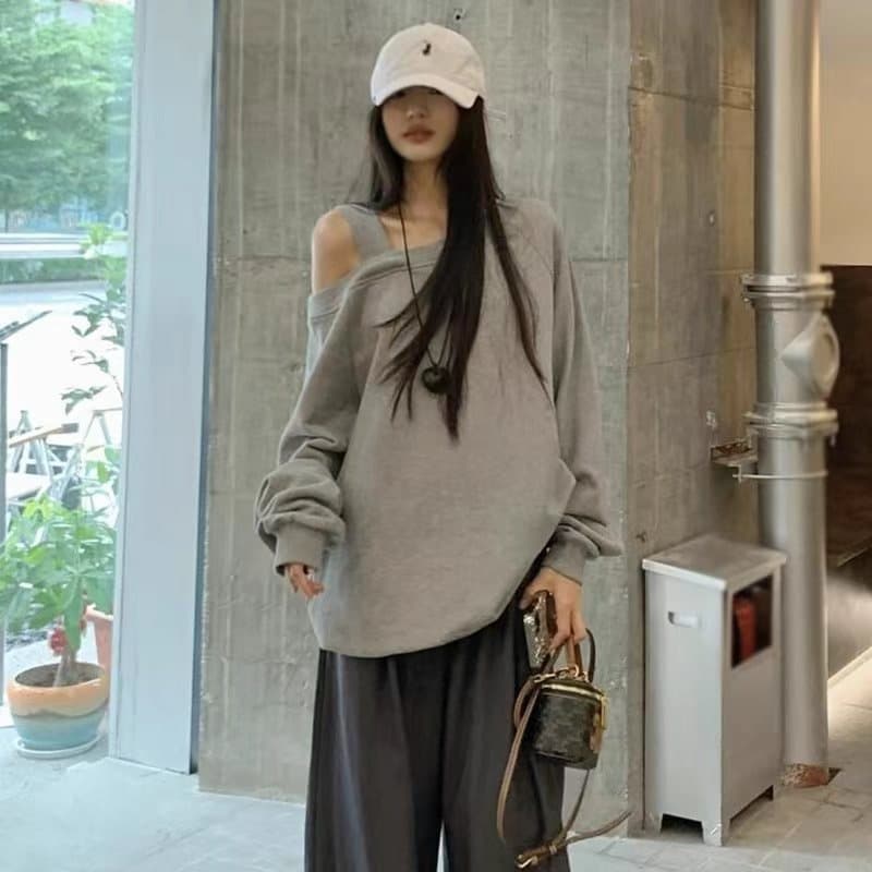 2026 한국 새로운 후아 면 복합 단색 느긋한 바람 오프숄더 긴팔 슬림해 보이는 Chic 비스듬한 어깨 의류 상세 이미지 7