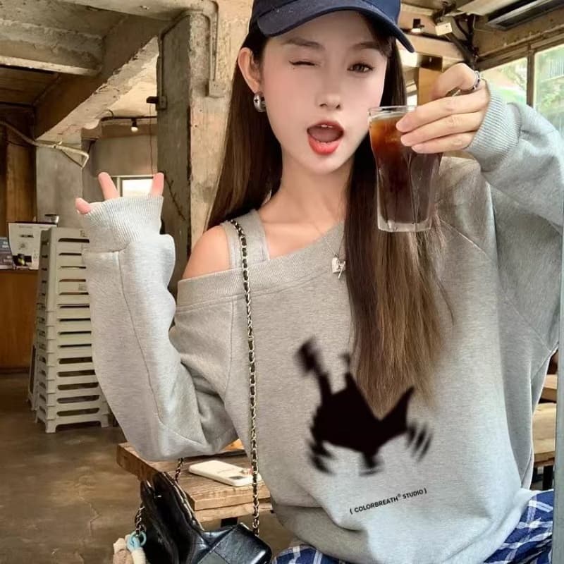 2026 후아 면 복합 Chic 비스듬한 어깨 오프숄더 가을 겨울 의류 후드티 프린트 여성 새로운 느긋한 바람 긴팔 루즈핏 이미지 2