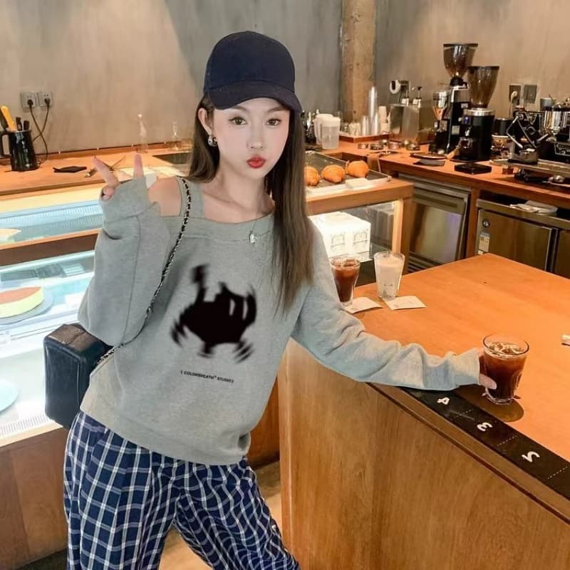 2026 후아 면 복합 Chic 비스듬한 어깨 오프숄더 가을 겨울 의류 후드티 프린트 여성 새로운 느긋한 바람 긴팔 루즈핏 상세 이미지 4