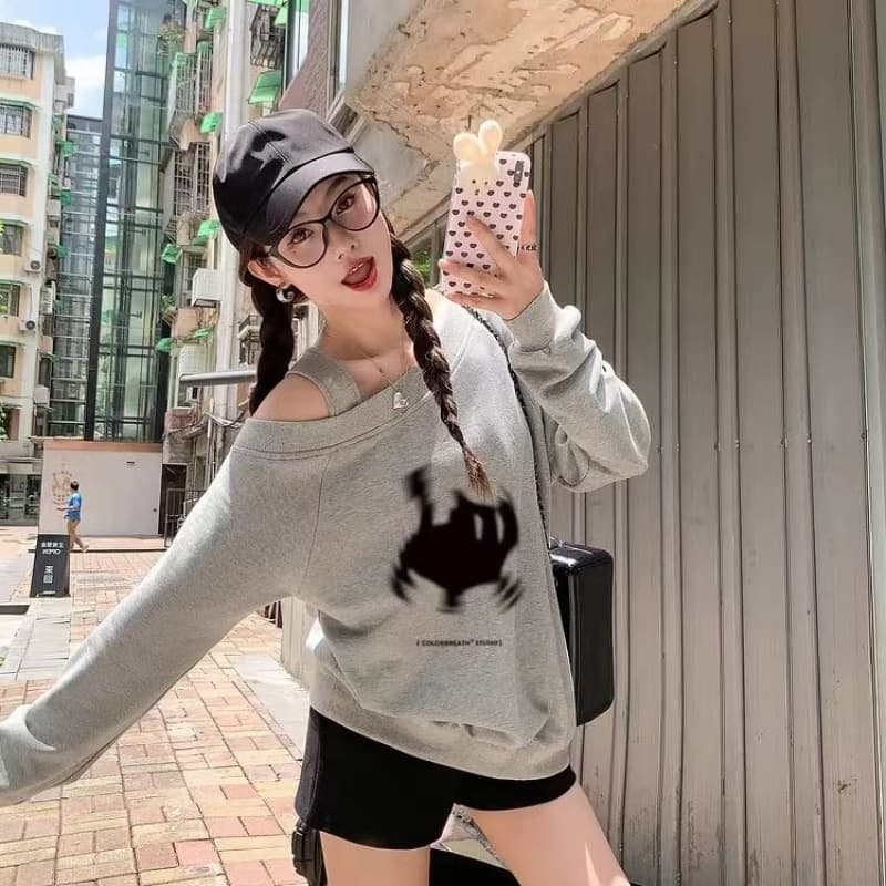2026 후아 면 복합 Chic 비스듬한 어깨 오프숄더 가을 겨울 의류 후드티 프린트 여성 새로운 느긋한 바람 긴팔 루즈핏 상세 이미지 7