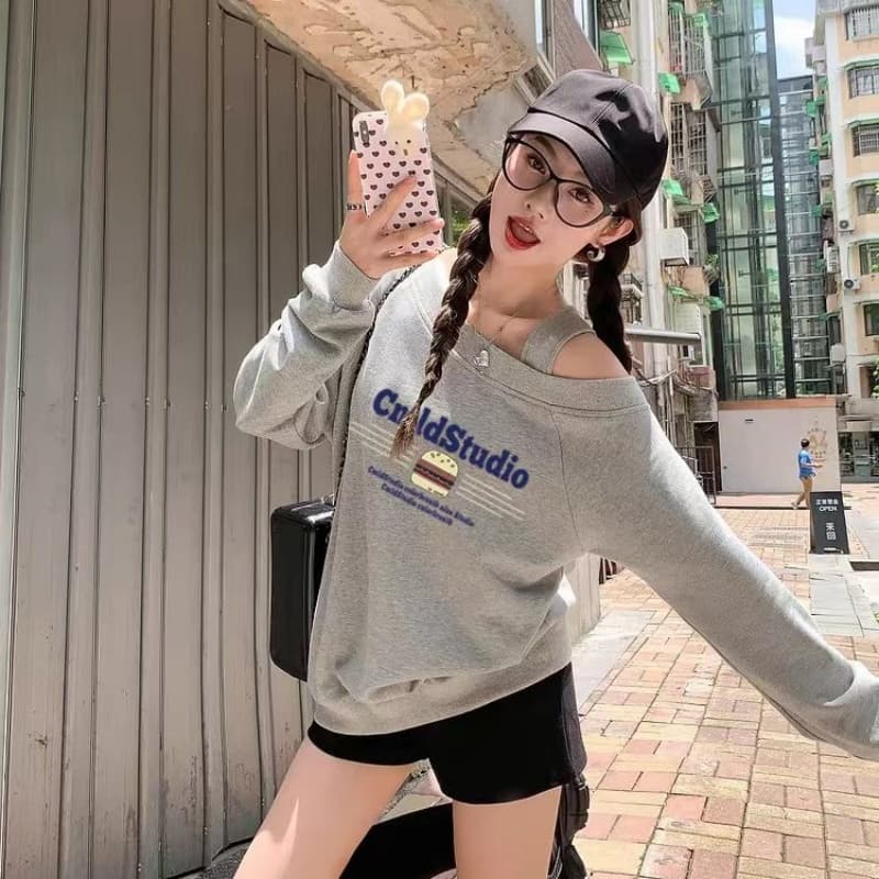 2026 한 궈화 면 복합 Chic 비스듬한 어깨 오프숄더 가을 겨울 의류 후드티 프린트 여성 hangban 이미지 5