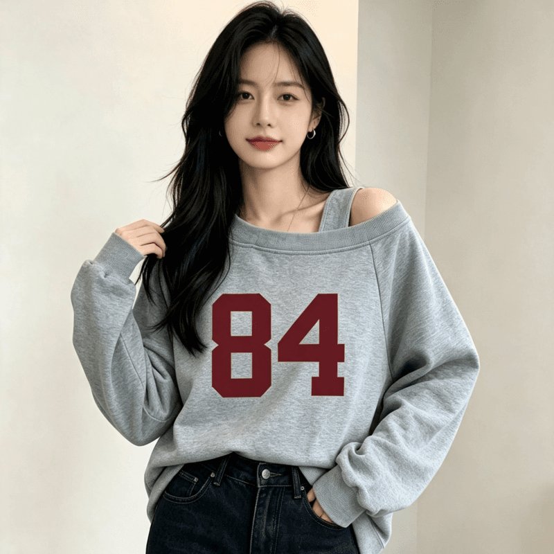디자인 센스 Chic 오프숄더 비스듬한 어깨 가을 겨울 의류 후드티 느긋한 바람 프린트 여성 긴 소매 루즈핏 빅 사이즈 여성 의류 이미지 2