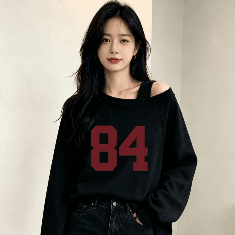 디자인 센스 Chic 오프숄더 비스듬한 어깨 가을 겨울 의류 후드티 느긋한 바람 프린트 여성 긴 소매 루즈핏 빅 사이즈 여성 의류 상세 이미지 2