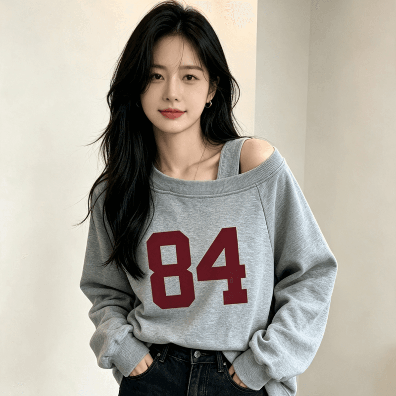 디자인 센스 Chic 오프숄더 비스듬한 어깨 가을 겨울 의류 후드티 느긋한 바람 프린트 여성 긴 소매 루즈핏 빅 사이즈 여성 의류 상세 이미지 5