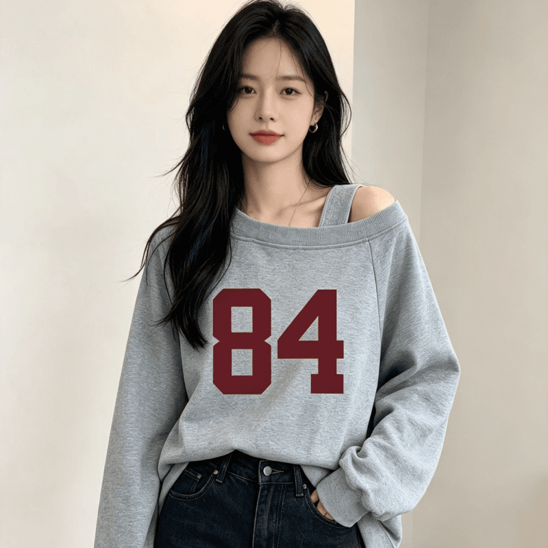 디자인 센스 Chic 오프숄더 비스듬한 어깨 가을 겨울 의류 후드티 느긋한 바람 프린트 여성 긴 소매 루즈핏 빅 사이즈 여성 의류 상세 이미지 8