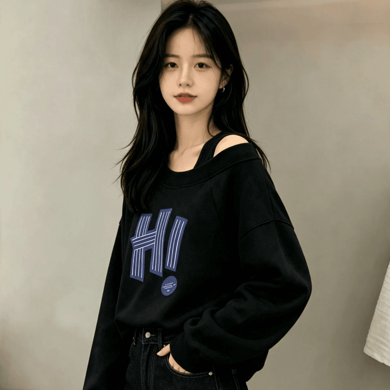 디자인 센스 Chic 오프숄더 비스듬한 어깨 가을 겨울 의류 후드티 느긋한 바람 프린트 여성 긴 소매 루즈핏 빅 사이즈 여성 의류
