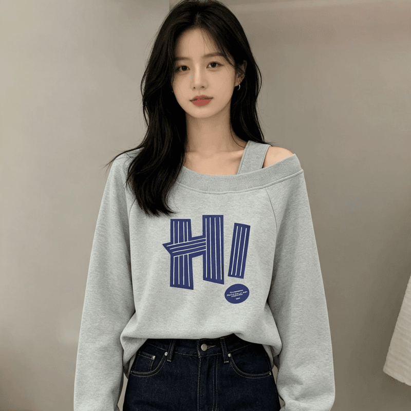 디자인 센스 Chic 오프숄더 비스듬한 어깨 가을 겨울 의류 후드티 느긋한 바람 프린트 여성 긴 소매 루즈핏 빅 사이즈 여성 의류 상세 이미지 2