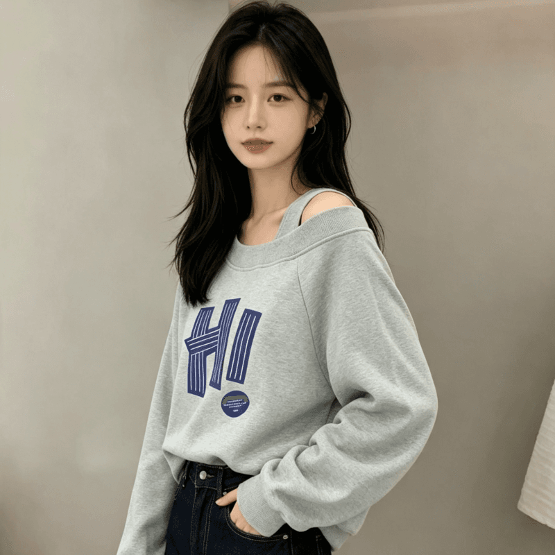 디자인 센스 Chic 오프숄더 비스듬한 어깨 가을 겨울 의류 후드티 느긋한 바람 프린트 여성 긴 소매 루즈핏 빅 사이즈 여성 의류 상세 이미지 4