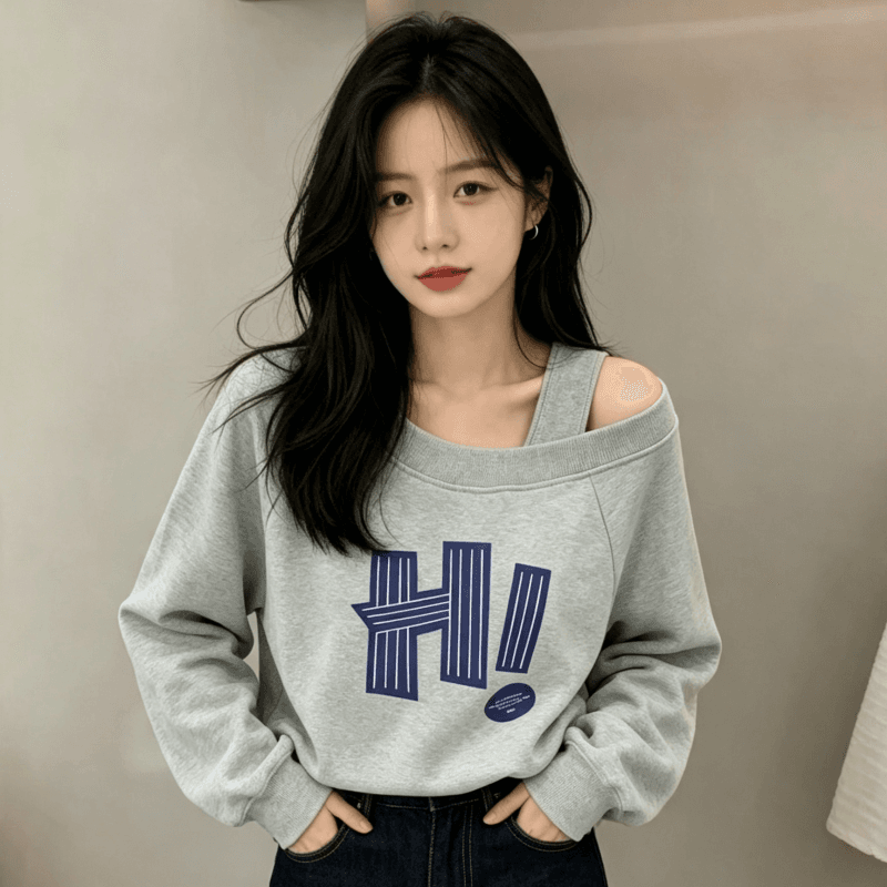 디자인 센스 Chic 오프숄더 비스듬한 어깨 가을 겨울 의류 후드티 느긋한 바람 프린트 여성 긴 소매 루즈핏 빅 사이즈 여성 의류 상세 이미지 5