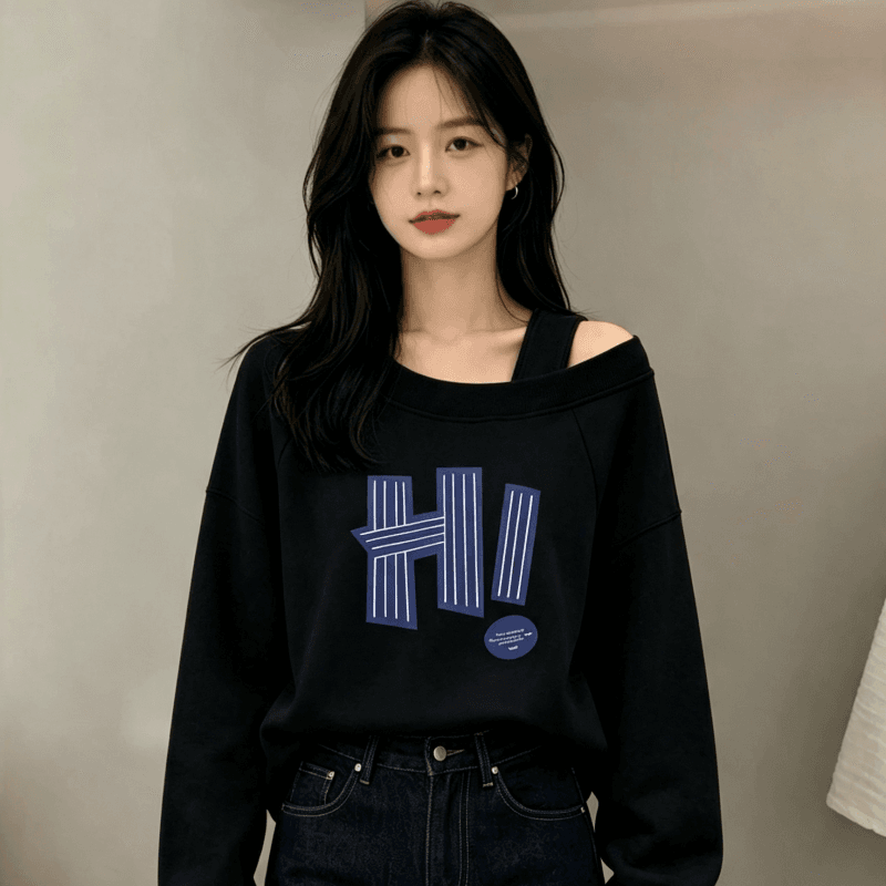 디자인 센스 Chic 오프숄더 비스듬한 어깨 가을 겨울 의류 후드티 느긋한 바람 프린트 여성 긴 소매 루즈핏 빅 사이즈 여성 의류 상세 이미지 6