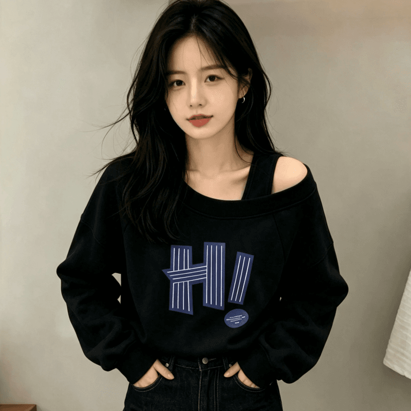 디자인 센스 Chic 오프숄더 비스듬한 어깨 가을 겨울 의류 후드티 느긋한 바람 프린트 여성 긴 소매 루즈핏 빅 사이즈 여성 의류 상세 이미지 7