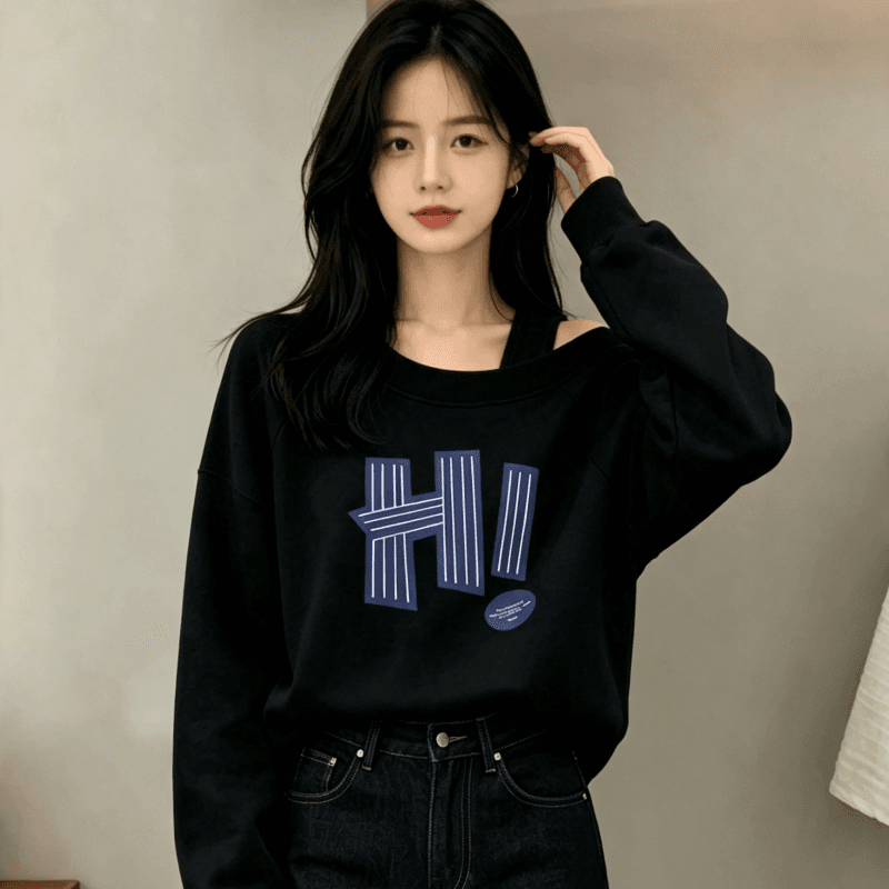 디자인 센스 Chic 오프숄더 비스듬한 어깨 가을 겨울 의류 후드티 느긋한 바람 프린트 여성 긴 소매 루즈핏 빅 사이즈 여성 의류 상세 이미지 9
