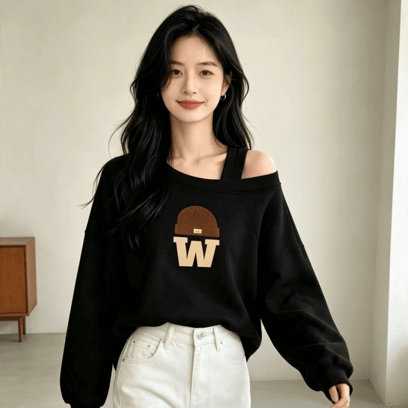 디자인 센스 Chic 오프숄더 비스듬한 어깨 가을 겨울 의류 후드티 느긋한 바람 프린트 여성 긴 소매 루즈핏 빅 사이즈 여성 의류 상세 이미지 3