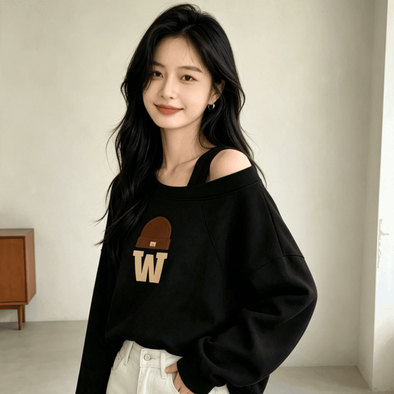 디자인 센스 Chic 오프숄더 비스듬한 어깨 가을 겨울 의류 후드티 느긋한 바람 프린트 여성 긴 소매 루즈핏 빅 사이즈 여성 의류 상세 이미지 5