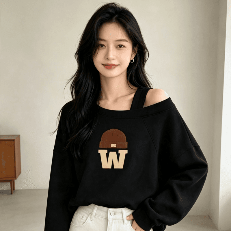 디자인 센스 Chic 오프숄더 비스듬한 어깨 가을 겨울 의류 후드티 느긋한 바람 프린트 여성 긴 소매 루즈핏 빅 사이즈 여성 의류 상세 이미지 6