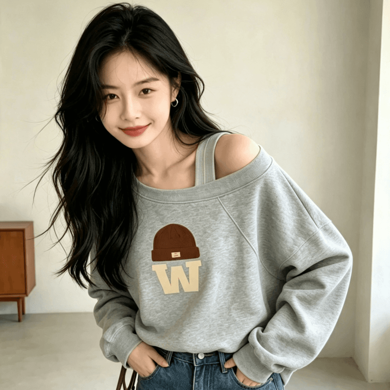 디자인 센스 Chic 오프숄더 비스듬한 어깨 가을 겨울 의류 후드티 느긋한 바람 프린트 여성 긴 소매 루즈핏 빅 사이즈 여성 의류 상세 이미지 7