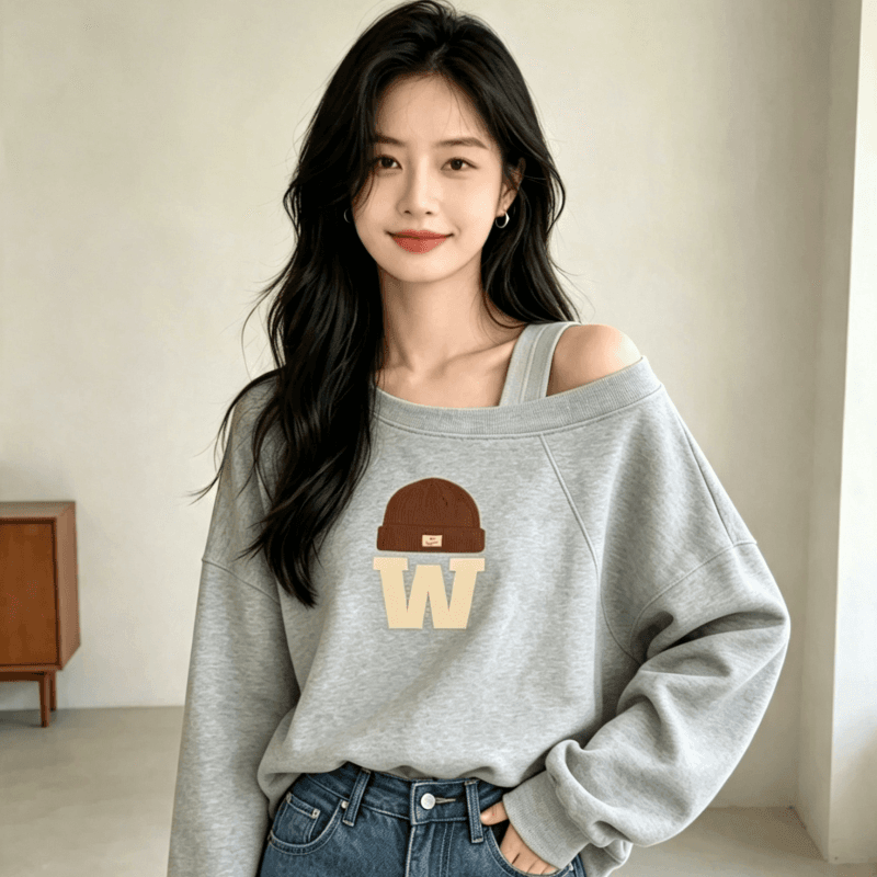 디자인 센스 Chic 오프숄더 비스듬한 어깨 가을 겨울 의류 후드티 느긋한 바람 프린트 여성 긴 소매 루즈핏 빅 사이즈 여성 의류 상세 이미지 8