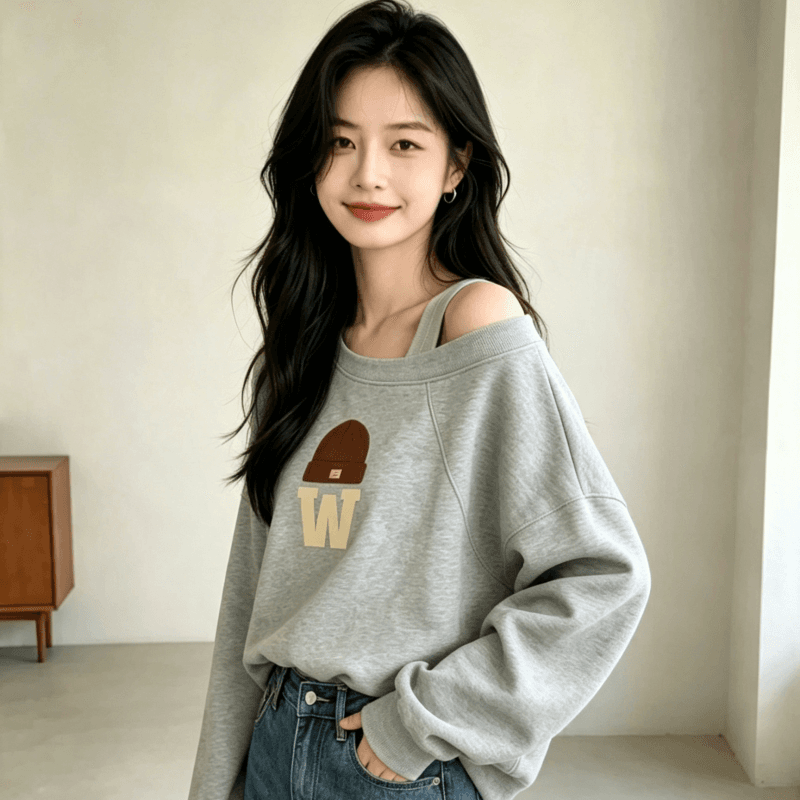 디자인 센스 Chic 오프숄더 비스듬한 어깨 가을 겨울 의류 후드티 느긋한 바람 프린트 여성 긴 소매 루즈핏 빅 사이즈 여성 의류 상세 이미지 9