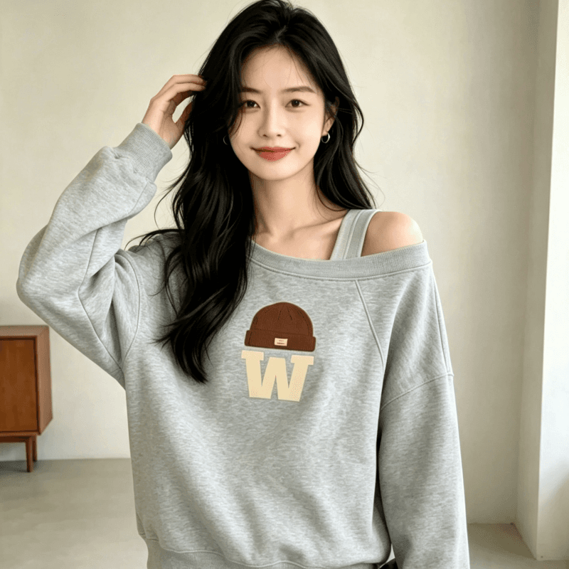 디자인 센스 Chic 오프숄더 비스듬한 어깨 가을 겨울 의류 후드티 느긋한 바람 프린트 여성 긴 소매 루즈핏 빅 사이즈 여성 의류 상세 이미지 10