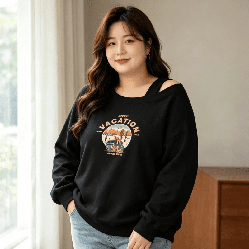 디자인 센스 Chic 오프숄더 비스듬한 어깨 가을 겨울 의류 후드티 느긋한 바람 프린트 여성 긴 소매 루즈핏 빅 사이즈 여성 의류 이미지 5
