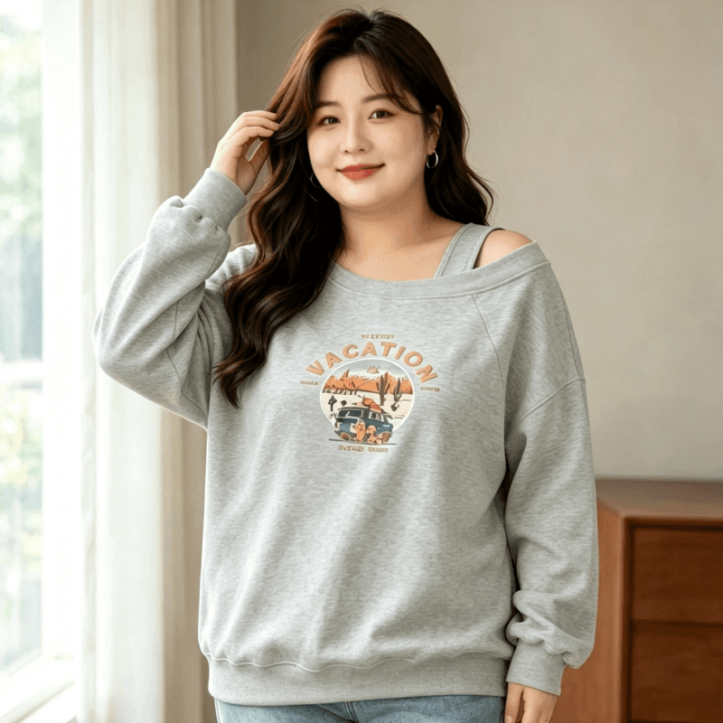 디자인 센스 Chic 오프숄더 비스듬한 어깨 가을 겨울 의류 후드티 느긋한 바람 프린트 여성 긴 소매 루즈핏 빅 사이즈 여성 의류 이미지 2