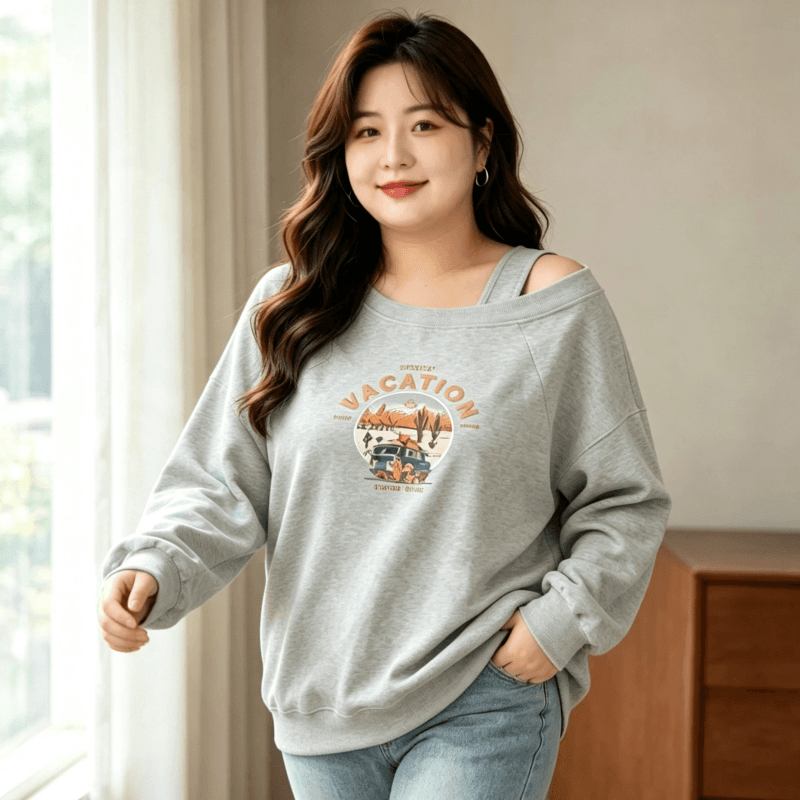 디자인 센스 Chic 오프숄더 비스듬한 어깨 가을 겨울 의류 후드티 느긋한 바람 프린트 여성 긴 소매 루즈핏 빅 사이즈 여성 의류 상세 이미지 2