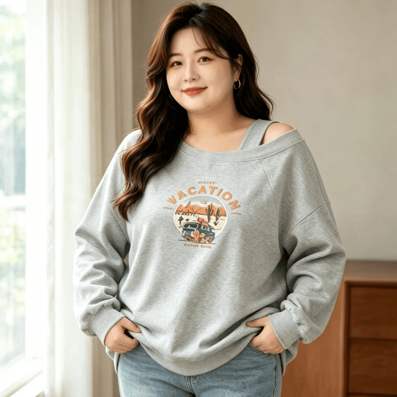 디자인 센스 Chic 오프숄더 비스듬한 어깨 가을 겨울 의류 후드티 느긋한 바람 프린트 여성 긴 소매 루즈핏 빅 사이즈 여성 의류 상세 이미지 3