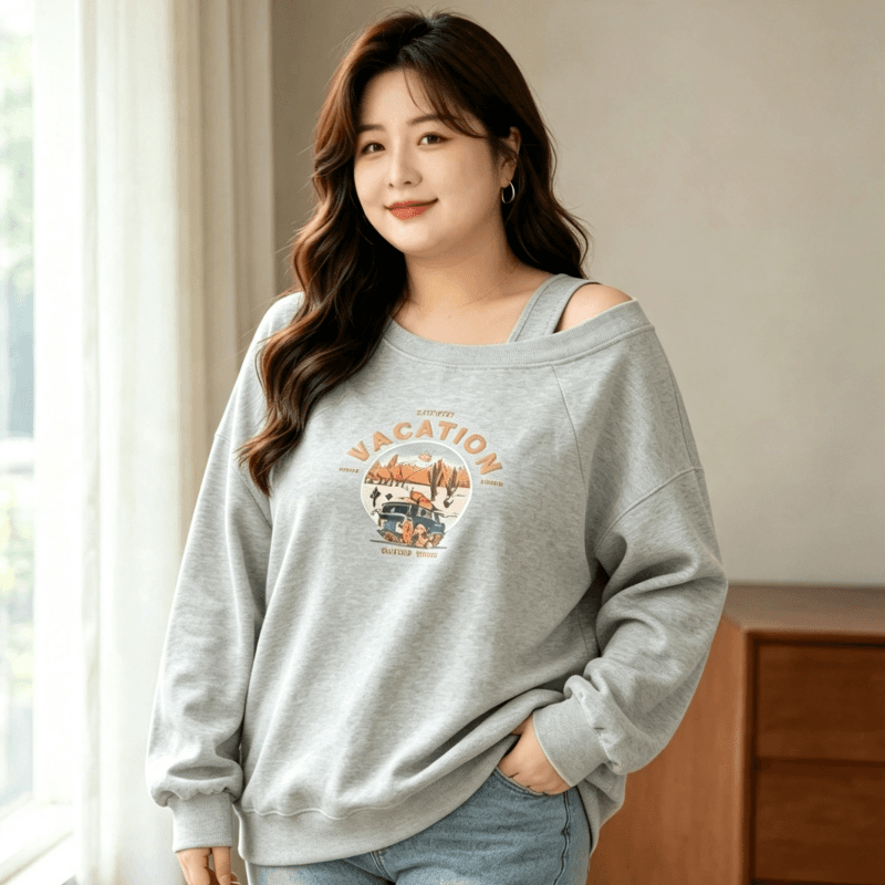 디자인 센스 Chic 오프숄더 비스듬한 어깨 가을 겨울 의류 후드티 느긋한 바람 프린트 여성 긴 소매 루즈핏 빅 사이즈 여성 의류 상세 이미지 4