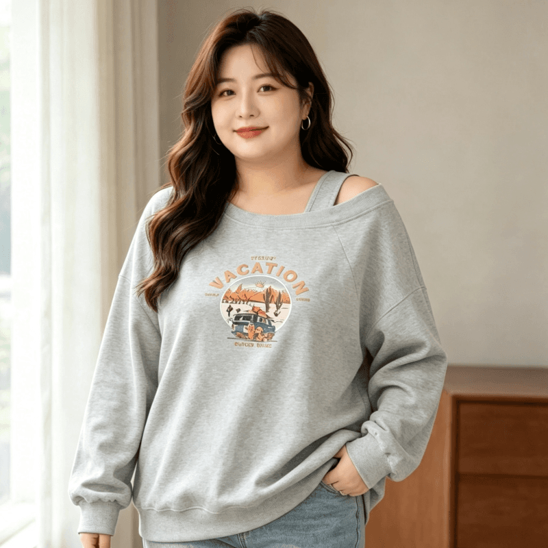 디자인 센스 Chic 오프숄더 비스듬한 어깨 가을 겨울 의류 후드티 느긋한 바람 프린트 여성 긴 소매 루즈핏 빅 사이즈 여성 의류 상세 이미지 6