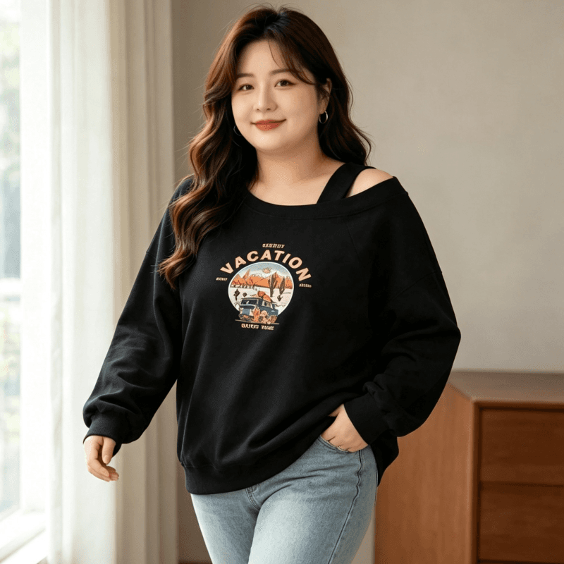 디자인 센스 Chic 오프숄더 비스듬한 어깨 가을 겨울 의류 후드티 느긋한 바람 프린트 여성 긴 소매 루즈핏 빅 사이즈 여성 의류 상세 이미지 7