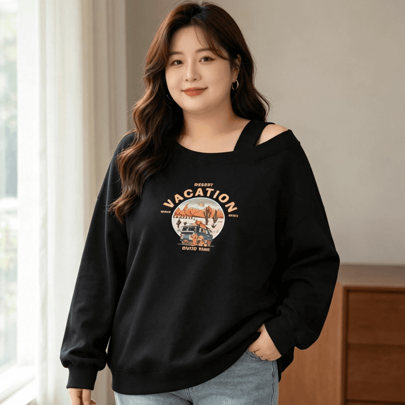 디자인 센스 Chic 오프숄더 비스듬한 어깨 가을 겨울 의류 후드티 느긋한 바람 프린트 여성 긴 소매 루즈핏 빅 사이즈 여성 의류 상세 이미지 8