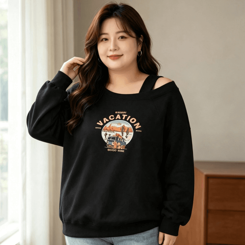 디자인 센스 Chic 오프숄더 비스듬한 어깨 가을 겨울 의류 후드티 느긋한 바람 프린트 여성 긴 소매 루즈핏 빅 사이즈 여성 의류 상세 이미지 9