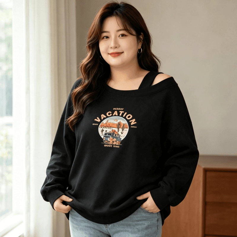 디자인 센스 Chic 오프숄더 비스듬한 어깨 가을 겨울 의류 후드티 느긋한 바람 프린트 여성 긴 소매 루즈핏 빅 사이즈 여성 의류 상세 이미지 11