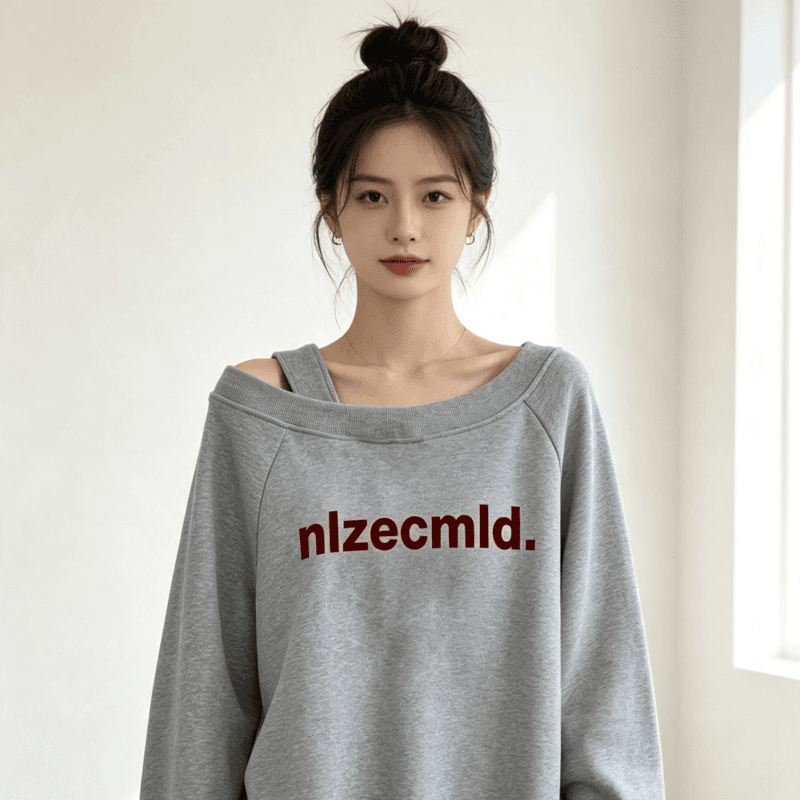 디자인 센스 Chic 오프숄더 비스듬한 어깨 가을 겨울 의류 후드티 느긋한 바람 프린트 여성 긴 소매 루즈핏 빅 사이즈 여성 의류 상세 이미지 4