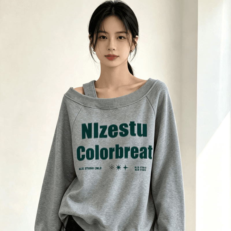 디자인 센스 Chic 오프숄더 비스듬한 어깨 가을 겨울 의류 후드티 느긋한 바람 프린트 여성 긴 소매 루즈핏 빅 사이즈 여성 의류 이미지 3