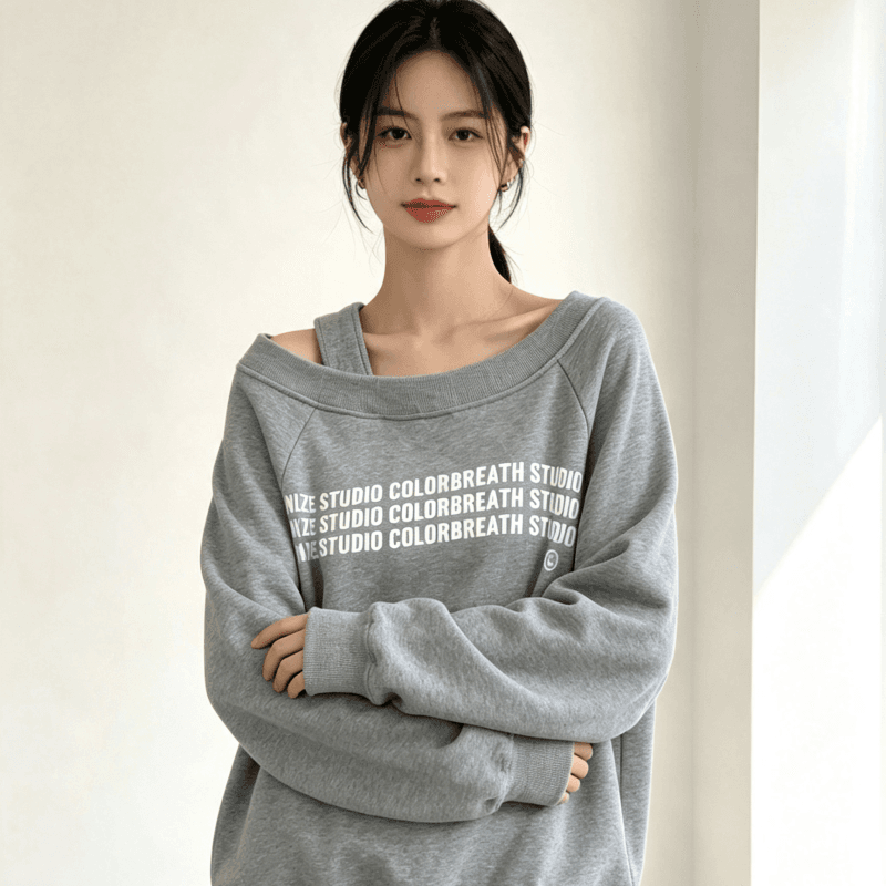 디자인 센스 Chic 오프숄더 비스듬한 어깨 가을 겨울 의류 후드티 느긋한 바람 프린트 여성 긴 소매 루즈핏 빅 사이즈 여성 의류 이미지 5