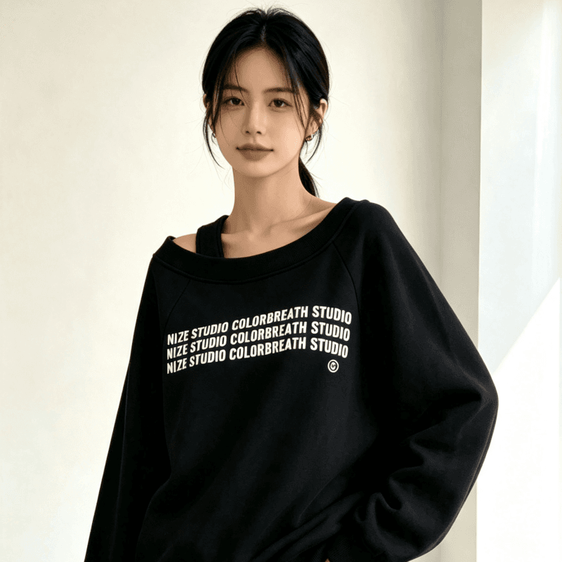 디자인 센스 Chic 오프숄더 비스듬한 어깨 가을 겨울 의류 후드티 느긋한 바람 프린트 여성 긴 소매 루즈핏 빅 사이즈 여성 의류 상세 이미지 2