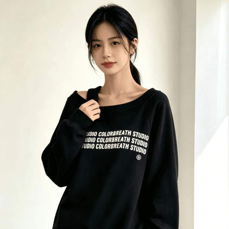 디자인 센스 Chic 오프숄더 비스듬한 어깨 가을 겨울 의류 후드티 느긋한 바람 프린트 여성 긴 소매 루즈핏 빅 사이즈 여성 의류 상세 이미지 3