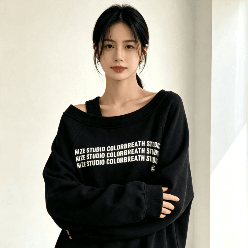 디자인 센스 Chic 오프숄더 비스듬한 어깨 가을 겨울 의류 후드티 느긋한 바람 프린트 여성 긴 소매 루즈핏 빅 사이즈 여성 의류 상세 이미지 4