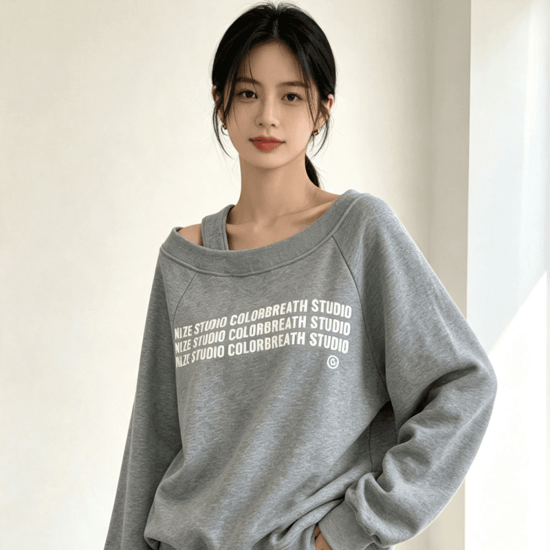 디자인 센스 Chic 오프숄더 비스듬한 어깨 가을 겨울 의류 후드티 느긋한 바람 프린트 여성 긴 소매 루즈핏 빅 사이즈 여성 의류 상세 이미지 6