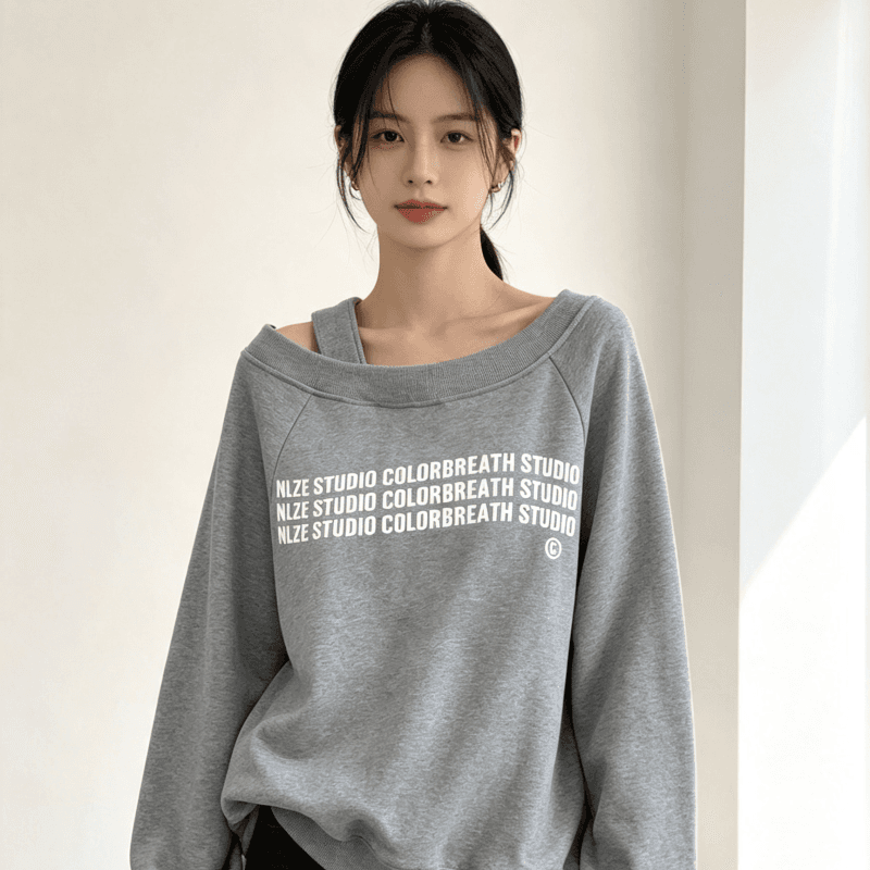 디자인 센스 Chic 오프숄더 비스듬한 어깨 가을 겨울 의류 후드티 느긋한 바람 프린트 여성 긴 소매 루즈핏 빅 사이즈 여성 의류 상세 이미지 8