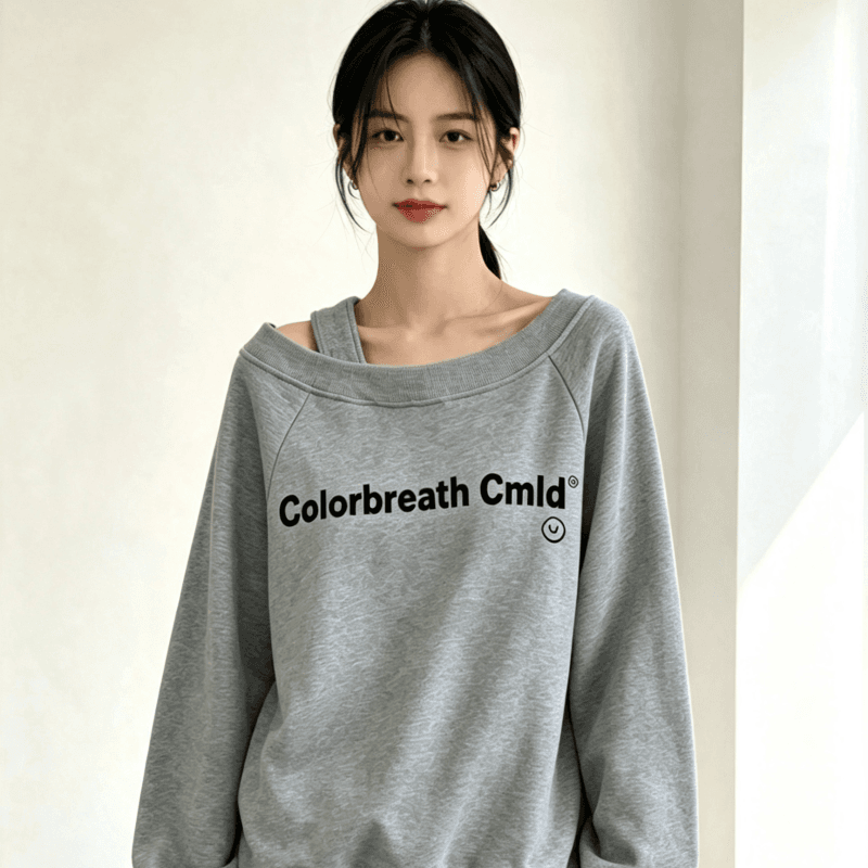 디자인 센스 Chic 오프숄더 비스듬한 어깨 가을 겨울 의류 후드티 느긋한 바람 프린트 여성 긴 소매 루즈핏 빅 사이즈 여성 의류 상세 이미지 5